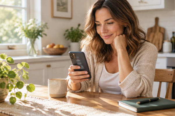 Persoană care citește pe telefon, la o masă de bucătărie, cu o cană de cafea alături