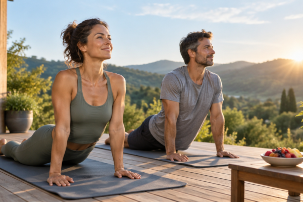 Un cuplu face stretching dimineața pe o terasă de lemn, cu dealuri verzi în fundal