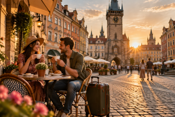 Piață europeană veche la apus, cu fațade colorate și o terasă de cafenea