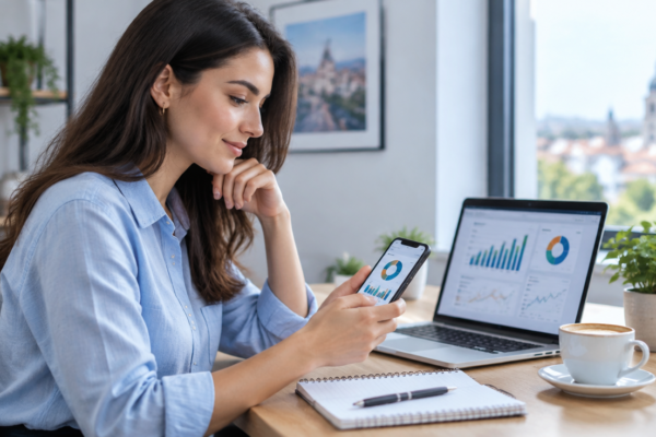Femeie care analizează un buget personal pe laptop, la un birou luminos