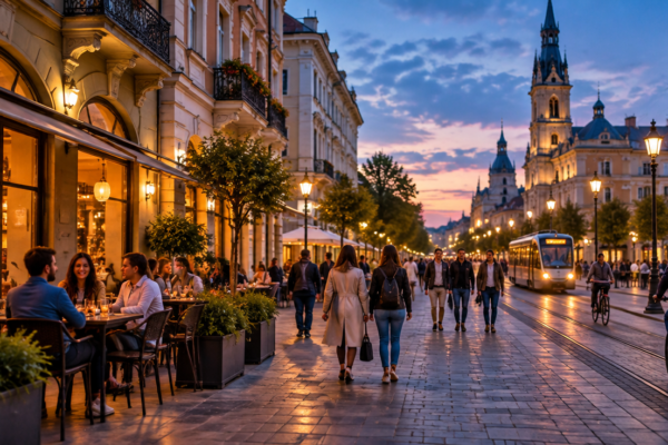 Stradă pietonală dintr-un oraș românesc la lăsarea serii, cu cafenele luminate