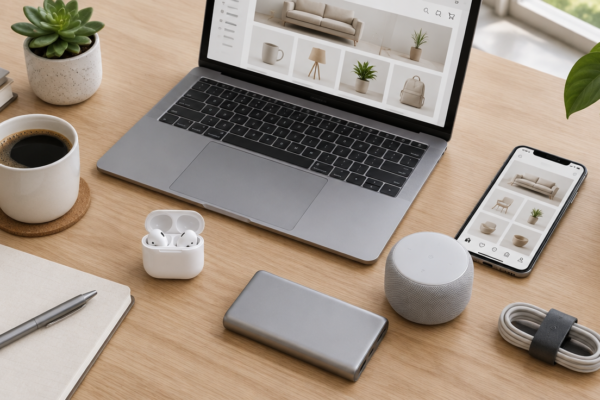 Birou minimalist cu laptop, căști wireless, boxă inteligentă și un smartphone